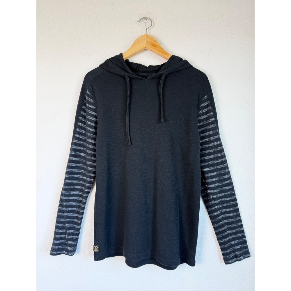 Volcom Bronzen Hooded LS Shirt M Black Gray Stripe Skate Surf Grunge Hoodie Y2K